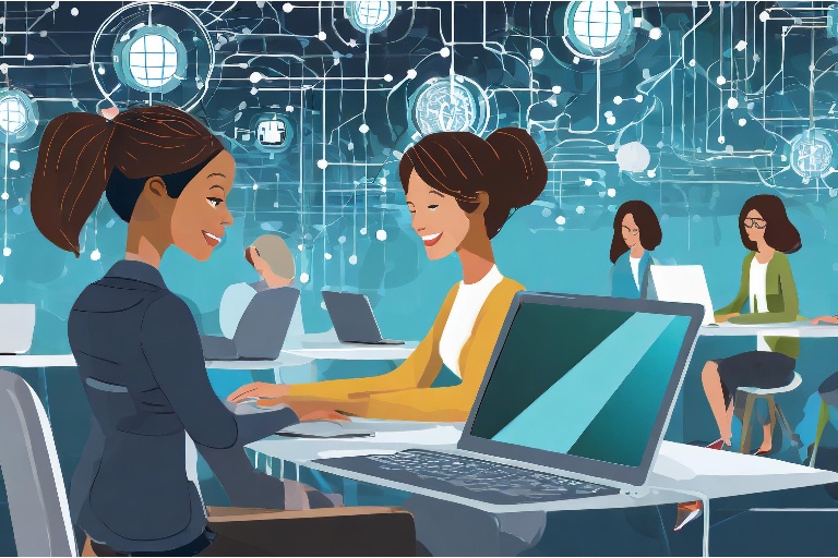 AI generated graphic depicting women working on laptops at tables. The background shows a network of interconnected symbols related to information and social networks.